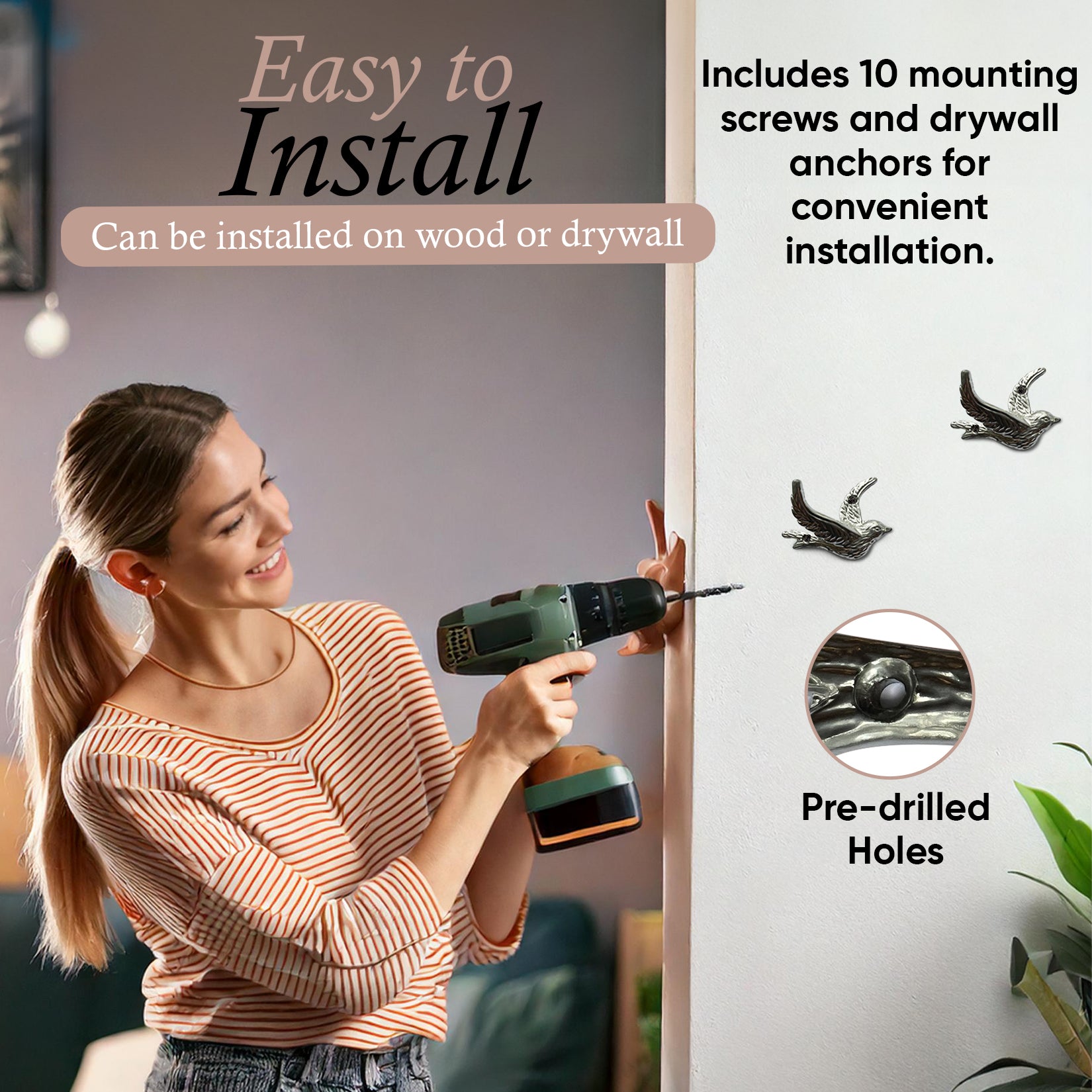 Flying Bird Cast Iron Hooks (5 Pack) Non Rusting Interior or Exterior Decorative Wall Hooks - Farmhouse Decor for Coats, Bags, Hats, Towels, Easy to Install (Silver Hooks)