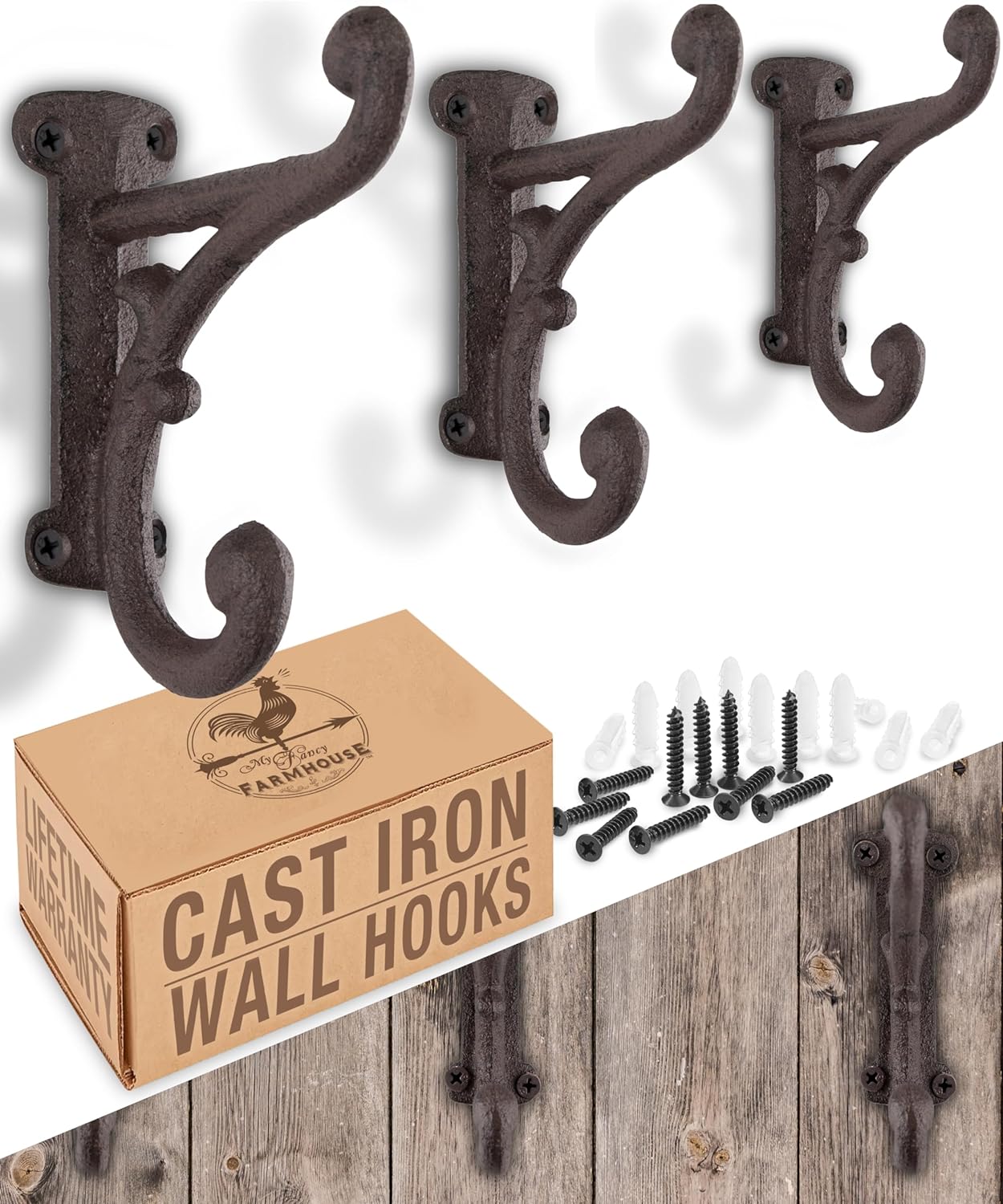 Rustic Cast Iron Coat Hooks (3 Pack) Antique White and Dark Brown, Wall Mounted, Farmhouse Decorative, Heavy Duty Wall Hooks for Hanging Coats, Hats, Towels (Mounting Hardware Included)