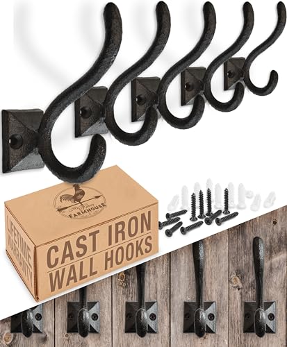 Rustic Wall Hooks for Hanging (5 Pack) Cast Iron Black Coat Hooks Wall Mounted - Farmhouse Decor Square Base Hooks for Coats, Bags, Hats, Towels