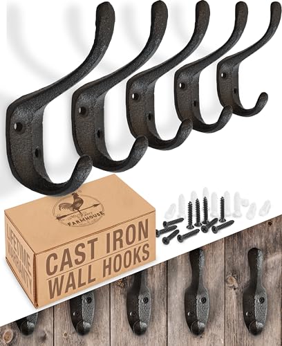 Rustic Cast Iron Coat Hooks Wall Mounted Farmhouse Decorative Wall Hooks, Vintage Hooks for Hanging Coats, Bags, Hats, Towels (Black, Large Spoon Hooks - Set of 5)