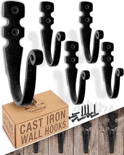 Cast Iron Wall Hooks (5 Pack) Handmade Blacksmith - Wall Mounted J Hooks - Farmhouse Decorative - Vintage Hooks for Hanging Coats, Bags or Pots in Pantry (2 Screws Each Hook for Strength)