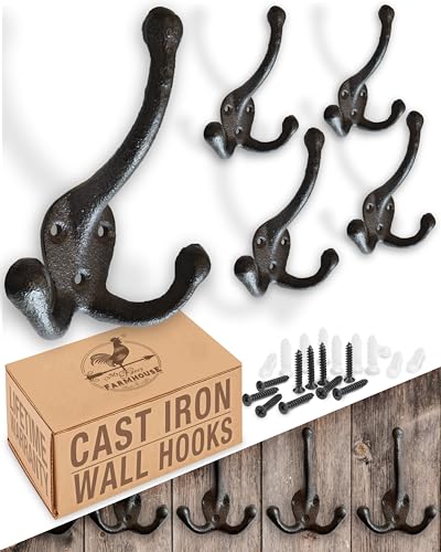 Rustic Cast Iron Coat Hooks Wall Mounted Farmhouse Decorative Tri Leg Wall Hooks, Vintage Hooks for Hanging Coats, Bags, Hats, Towels (Black, Large Triple Hooks - Set of 5)