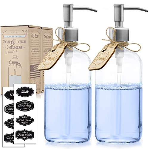 Brushed Nickel Soap Dispenser (2 Pack) Glass Bottle Shampoo and Conditioner Dispenser - Hand Soap, Lotion, Liquid Soap, Dish Soap Dispenser, Mouthwash Dispenser (16oz Nickel Stainless Steel Pump)