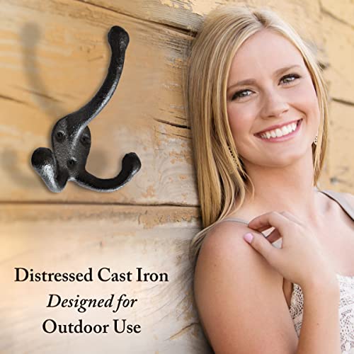 Rustic Cast Iron Coat Hooks Wall Mounted Farmhouse Decorative Tri Leg Wall Hooks, Vintage Hooks for Hanging Coats, Bags, Hats, Towels (Black, Large