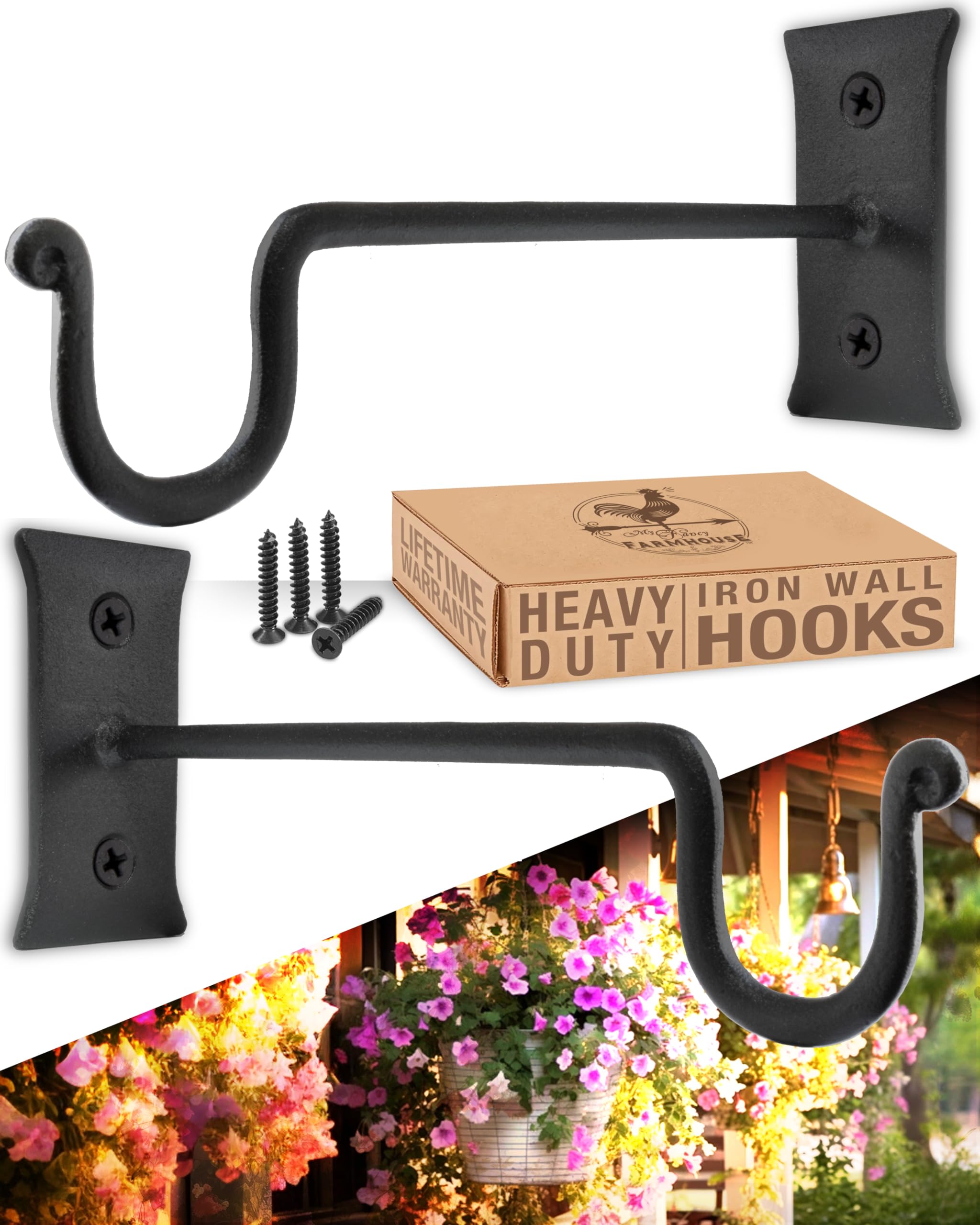 My Fancy Farmhouse Heavy Duty Outdoor Plant Hanger (2 Pack) 7.5 Inch Hook - Wall Mounted Iron Plant Hook, Indoor or Outdoor Hanging Bracket for Heavy Hanging Pots, Baskets, Lanterns, Feeders