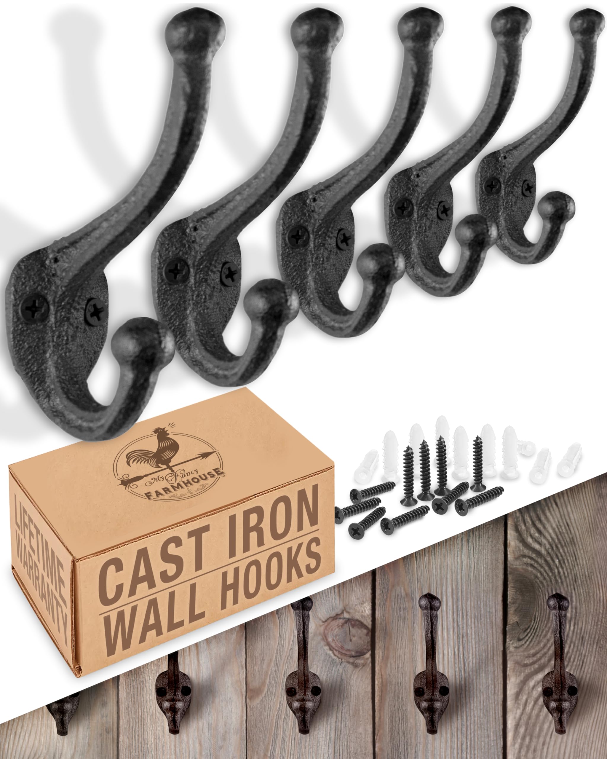 Rustic Cast Iron Coat Hooks Wall Mounted Farmhouse Decorative Wall Hooks, Vintage Hooks for Hanging Coats, Bags, Hats, Towels