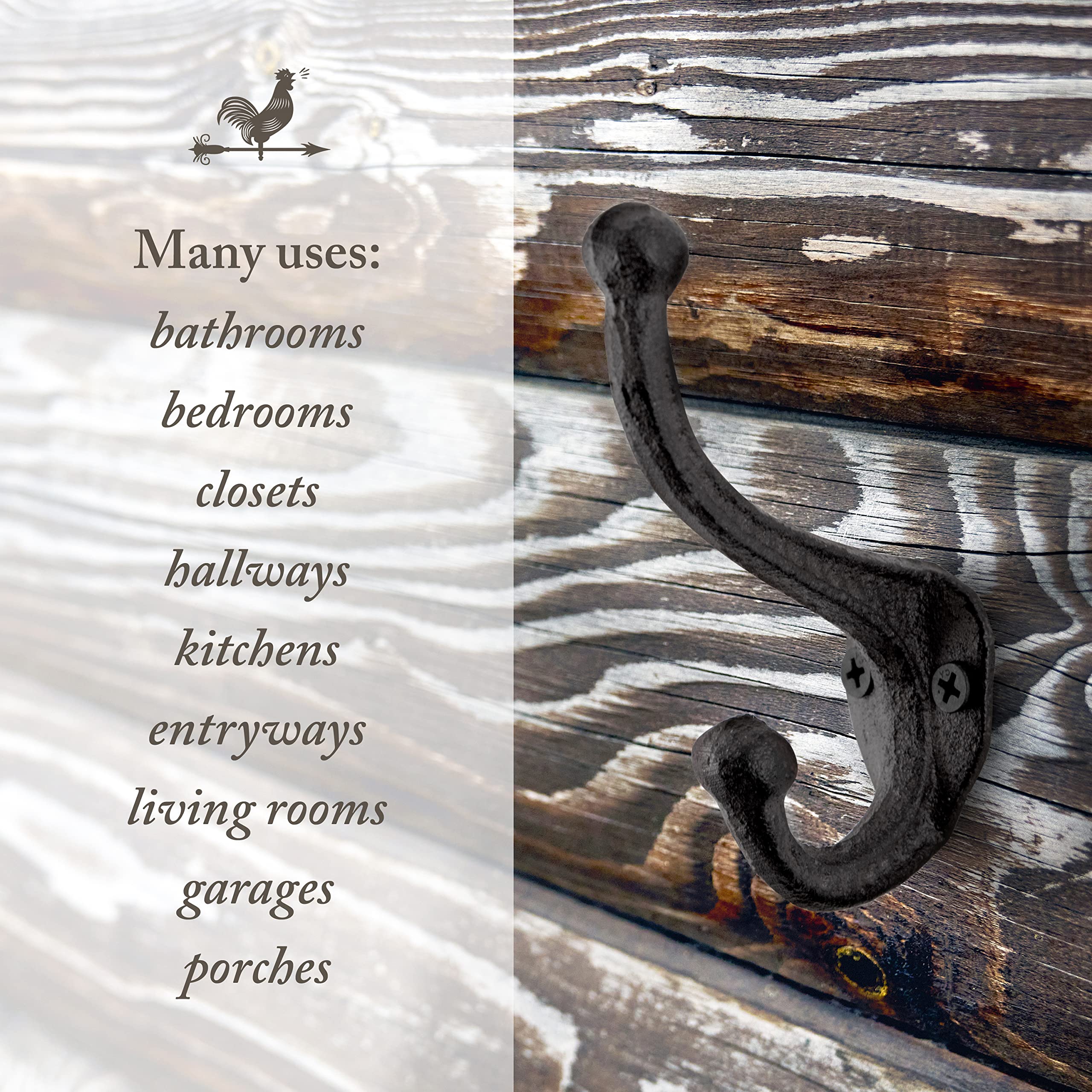 Rustic Cast Iron Coat Hooks Wall Mounted Farmhouse Decorative Wall Hooks, Vintage Hooks for Hanging Coats, Bags, Hats, Towels
