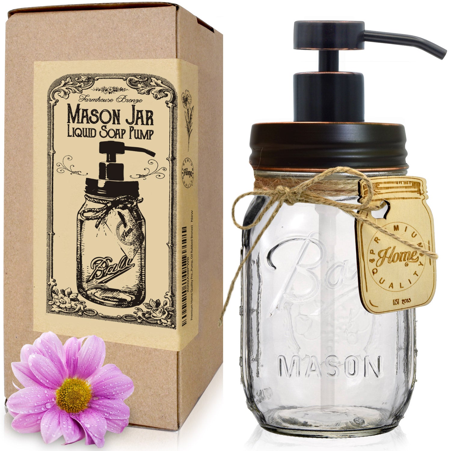 Bronze Mason Jar Soap Dispenser - Stainless Steel Pump for Liquid Dish, Hand Soap or Lotions - Includes Iconic, Vintage 16 oz Made in the USA, Glass Mason Jar - Kitchen or Bathroom (Oil Rubbed Bronze)